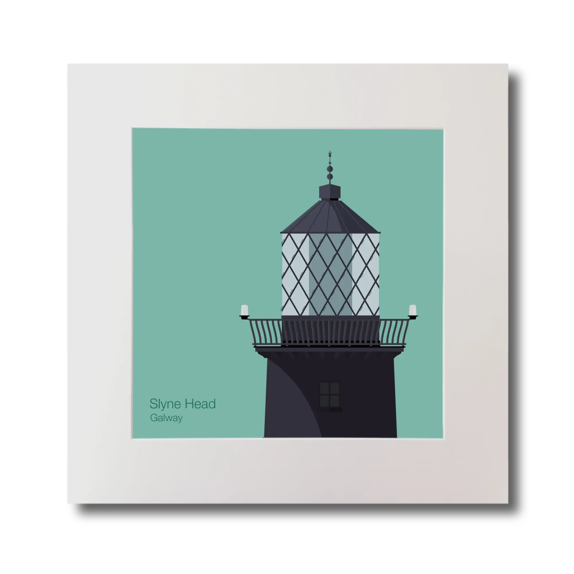 Illustration of Slyne Head lighthouse on an ocean green background, mounted and measuring 30x30cm.