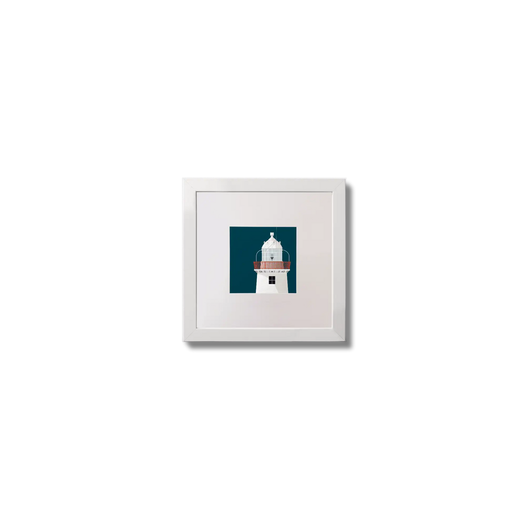 Illustration of Inishgort lighthouse on a midnight blue background,  in a white square frame measuring 10x10cm.