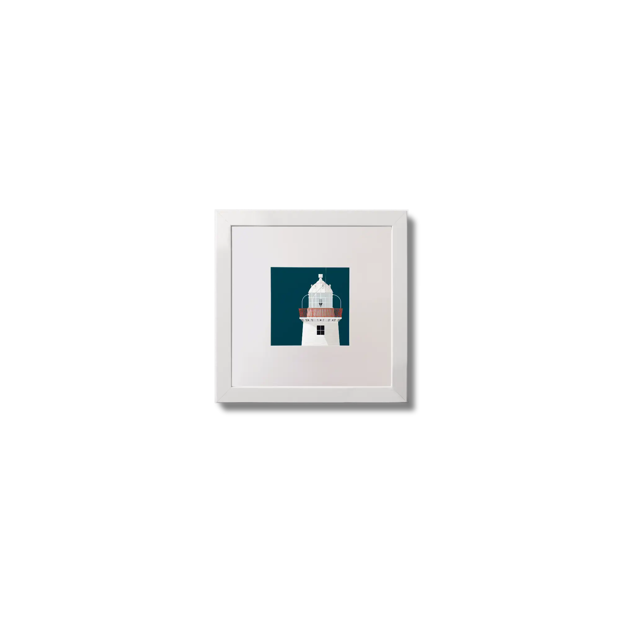 Illustration of Inishgort lighthouse on a midnight blue background,  in a white square frame measuring 10x10cm.