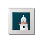 Illustration of Inishgort lighthouse on a midnight blue background,  in a white square frame measuring 20x20cm.