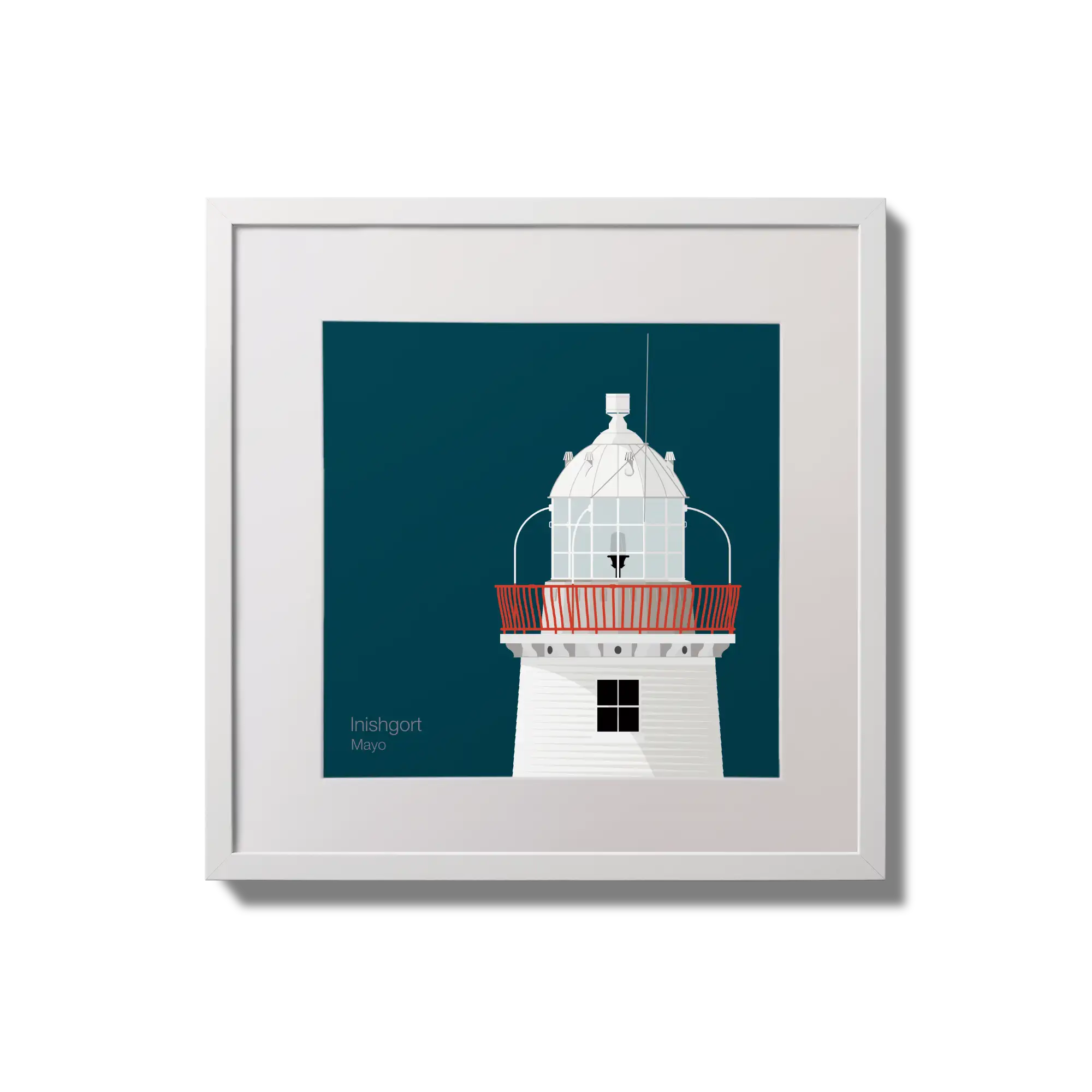 Illustration of Inishgort lighthouse on a midnight blue background,  in a white square frame measuring 20x20cm.