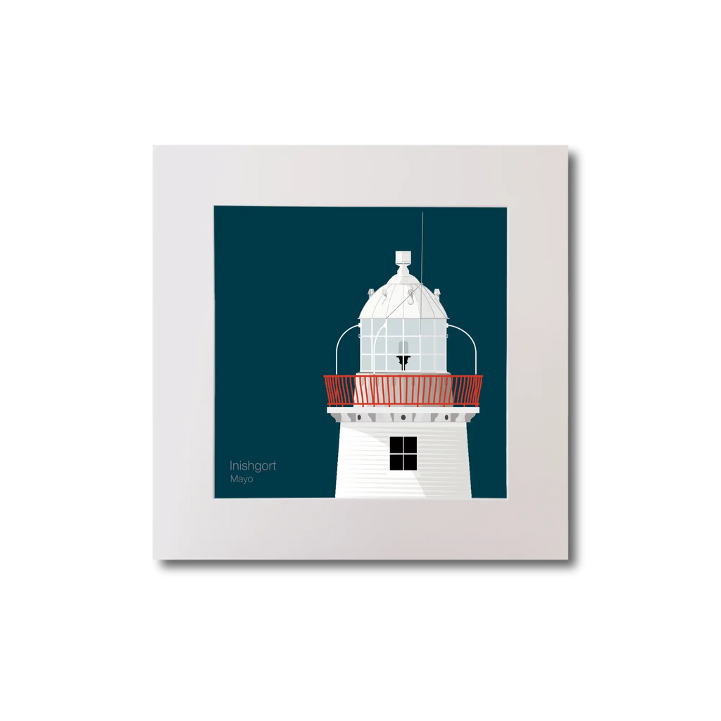 Illustration of Inishgort lighthouse on a midnight blue background, mounted and measuring 20x20cm.