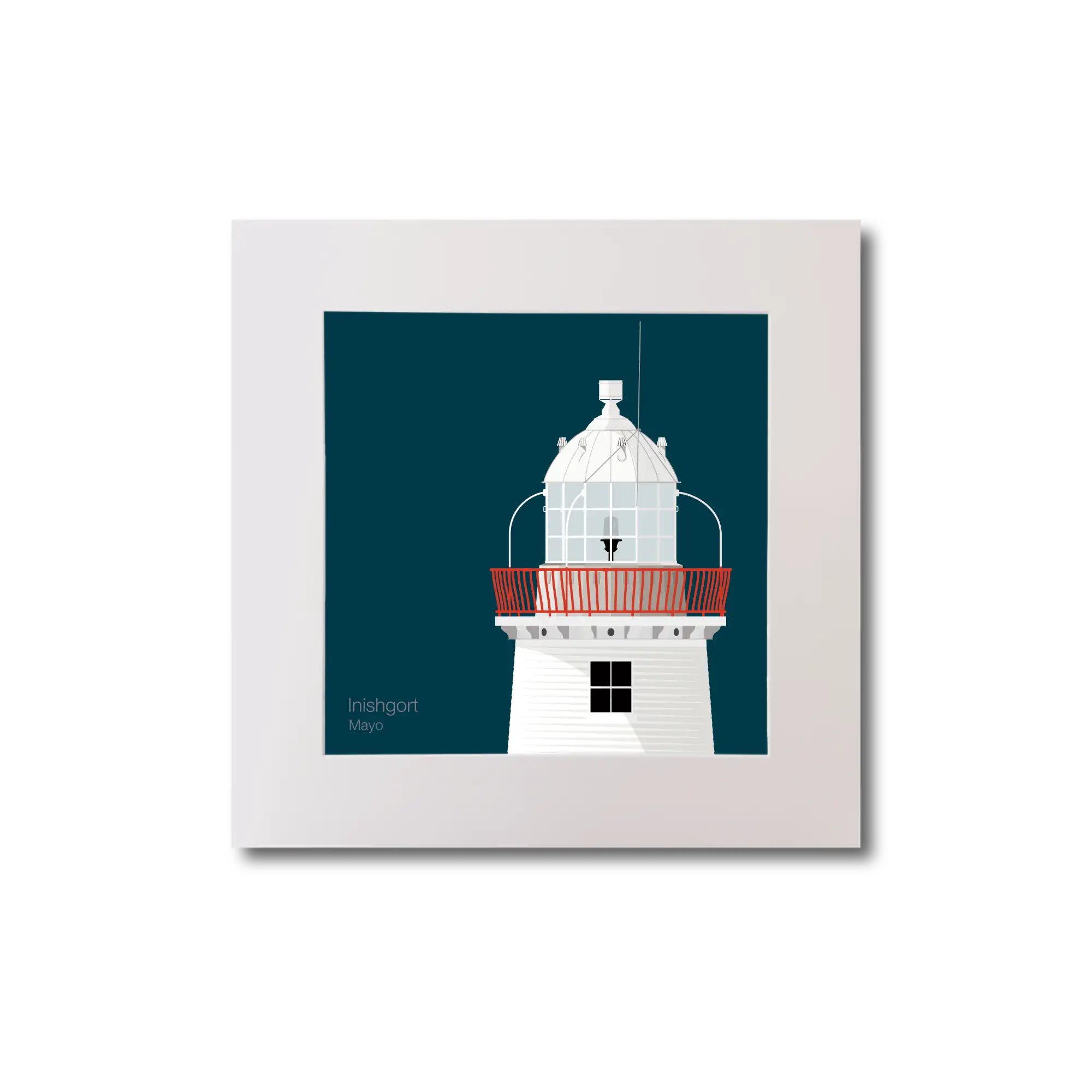 Illustration of Inishgort lighthouse on a midnight blue background, mounted and measuring 20x20cm.