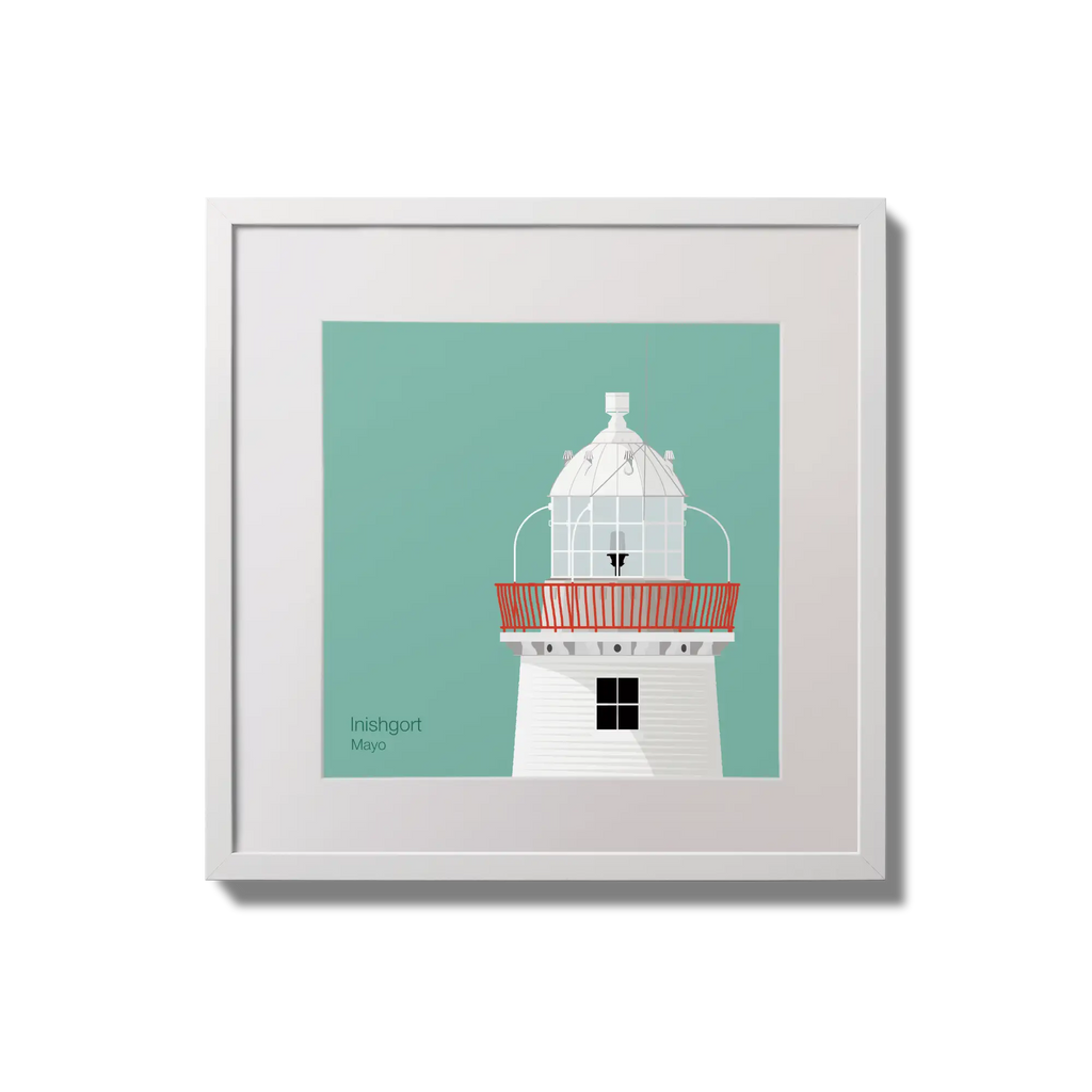 Illustration of Inishgort lighthouse on an ocean green background,  in a white square frame measuring 20x20cm.
