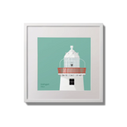 Illustration of Inishgort lighthouse on an ocean green background,  in a white square frame measuring 20x20cm.