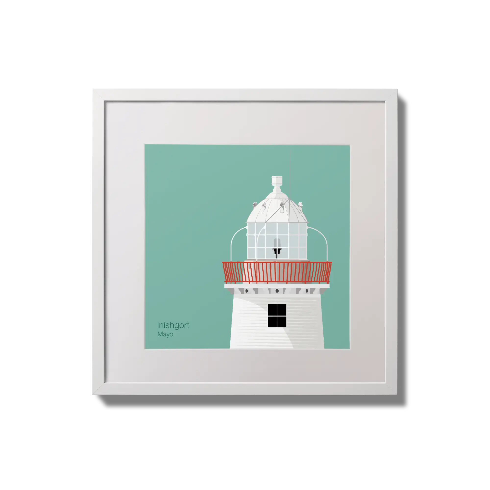 Illustration of Inishgort lighthouse on an ocean green background,  in a white square frame measuring 20x20cm.