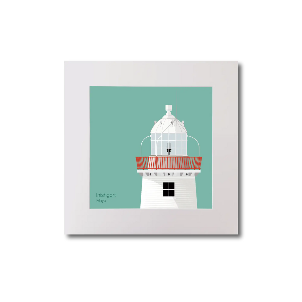 Illustration of Inishgort lighthouse on an ocean green background, mounted and measuring 20x20cm.