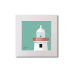 Illustration of Inishgort lighthouse on an ocean green background, mounted and measuring 20x20cm.