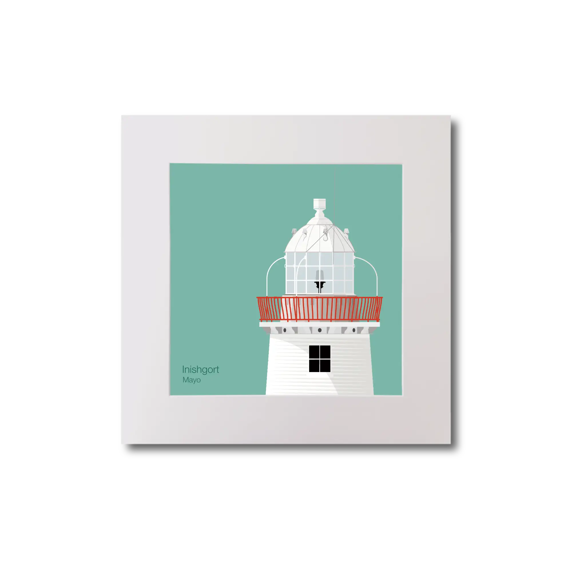 Illustration of Inishgort lighthouse on an ocean green background, mounted and measuring 20x20cm.