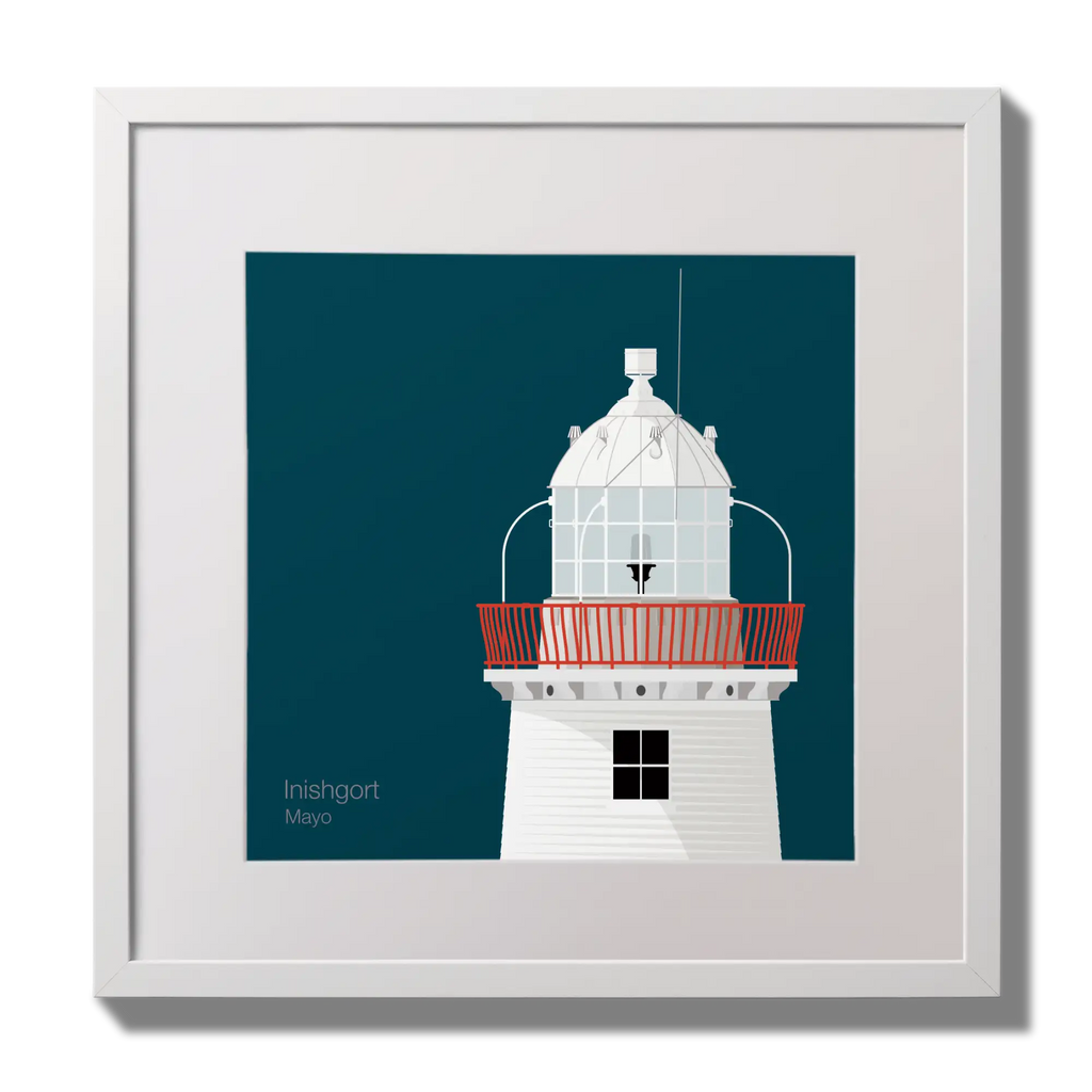 Illustration of Inishgort lighthouse on a midnight blue background,  in a white square frame measuring 30x30cm.