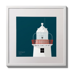 Illustration of Inishgort lighthouse on a midnight blue background,  in a white square frame measuring 30x30cm.