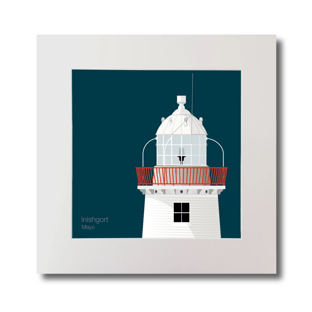 Illustration of Inishgort lighthouse on a midnight blue background, mounted and measuring 30x30cm.