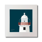 Illustration of Inishgort lighthouse on a midnight blue background, mounted and measuring 30x30cm.