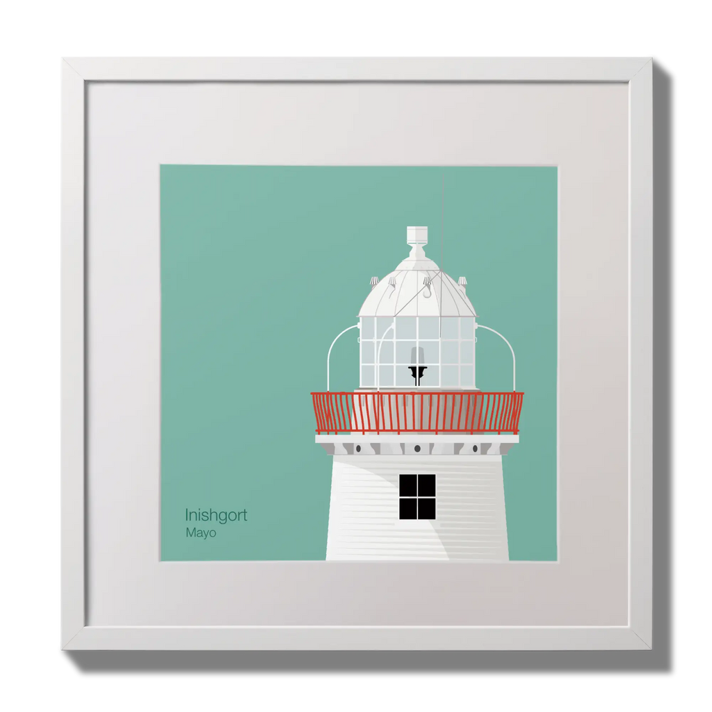 Illustration of Inishgort lighthouse on an ocean green background,  in a white square frame measuring 30x30cm.