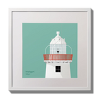 Illustration of Inishgort lighthouse on an ocean green background,  in a white square frame measuring 30x30cm.