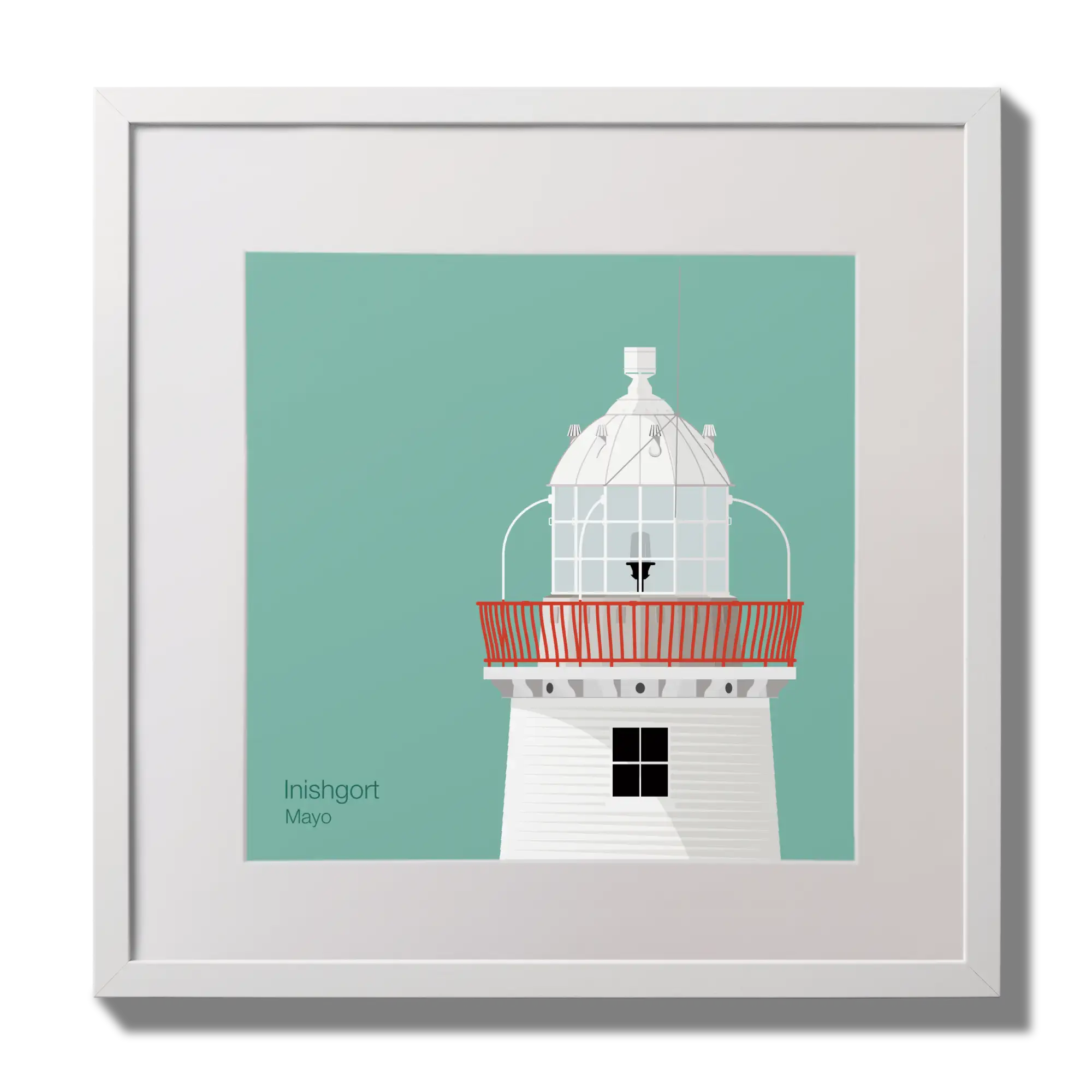 Illustration of Inishgort lighthouse on an ocean green background,  in a white square frame measuring 30x30cm.