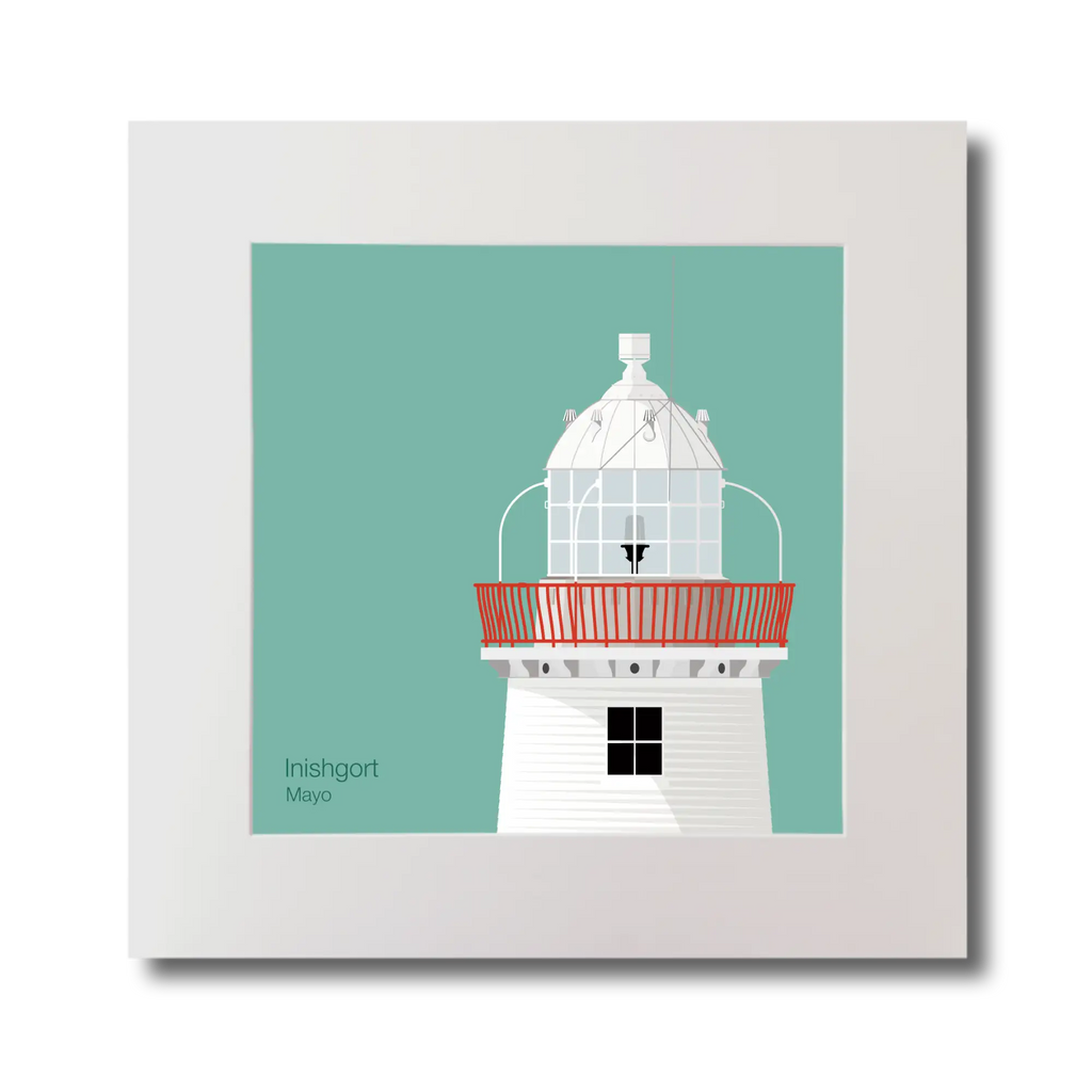 Illustration of Inishgort lighthouse on an ocean green background, mounted and measuring 30x30cm.