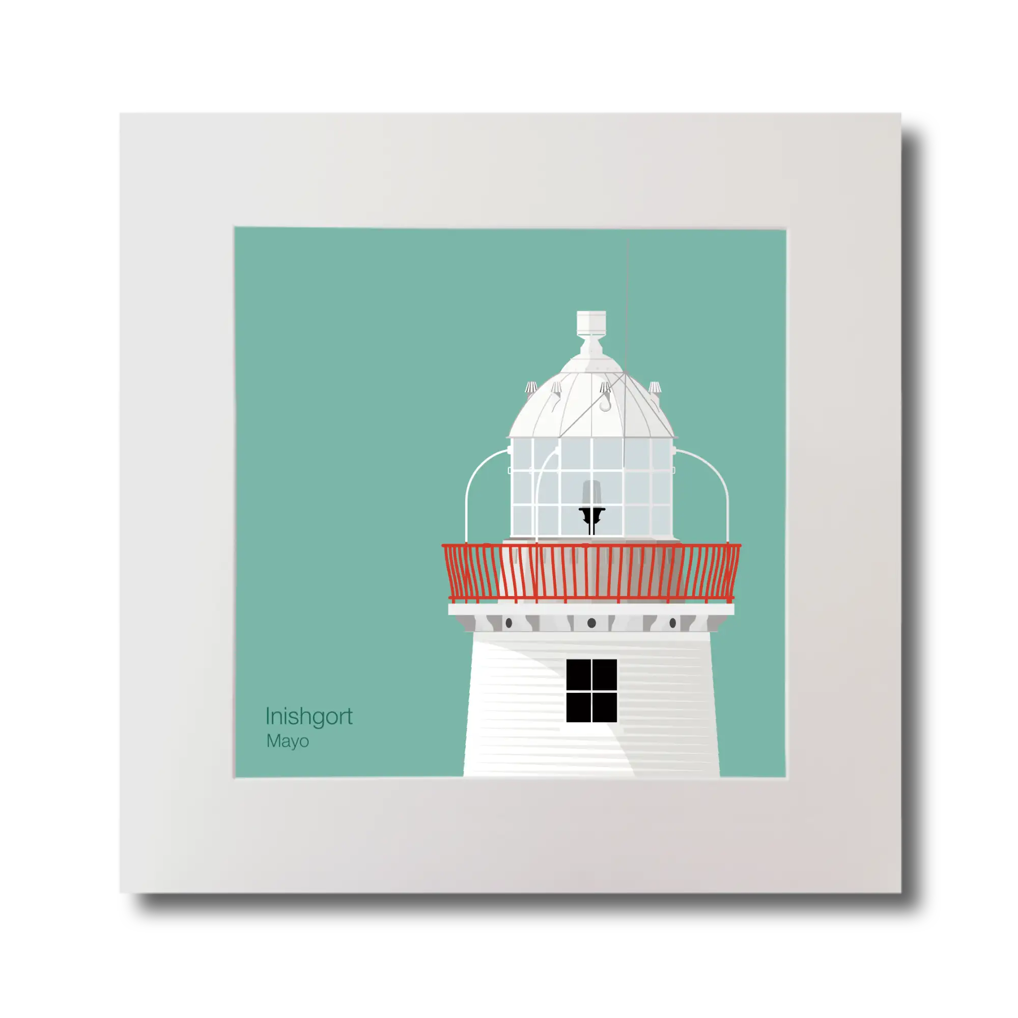 Illustration of Inishgort lighthouse on an ocean green background, mounted and measuring 30x30cm.