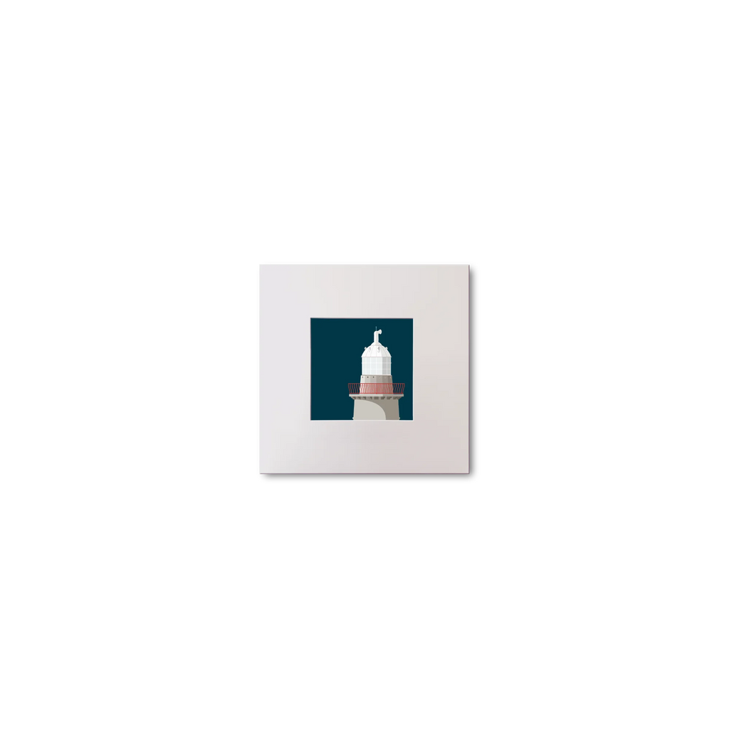 Illustration of Oyster Island lighthouse on a midnight blue background, mounted and measuring 10x10cm.