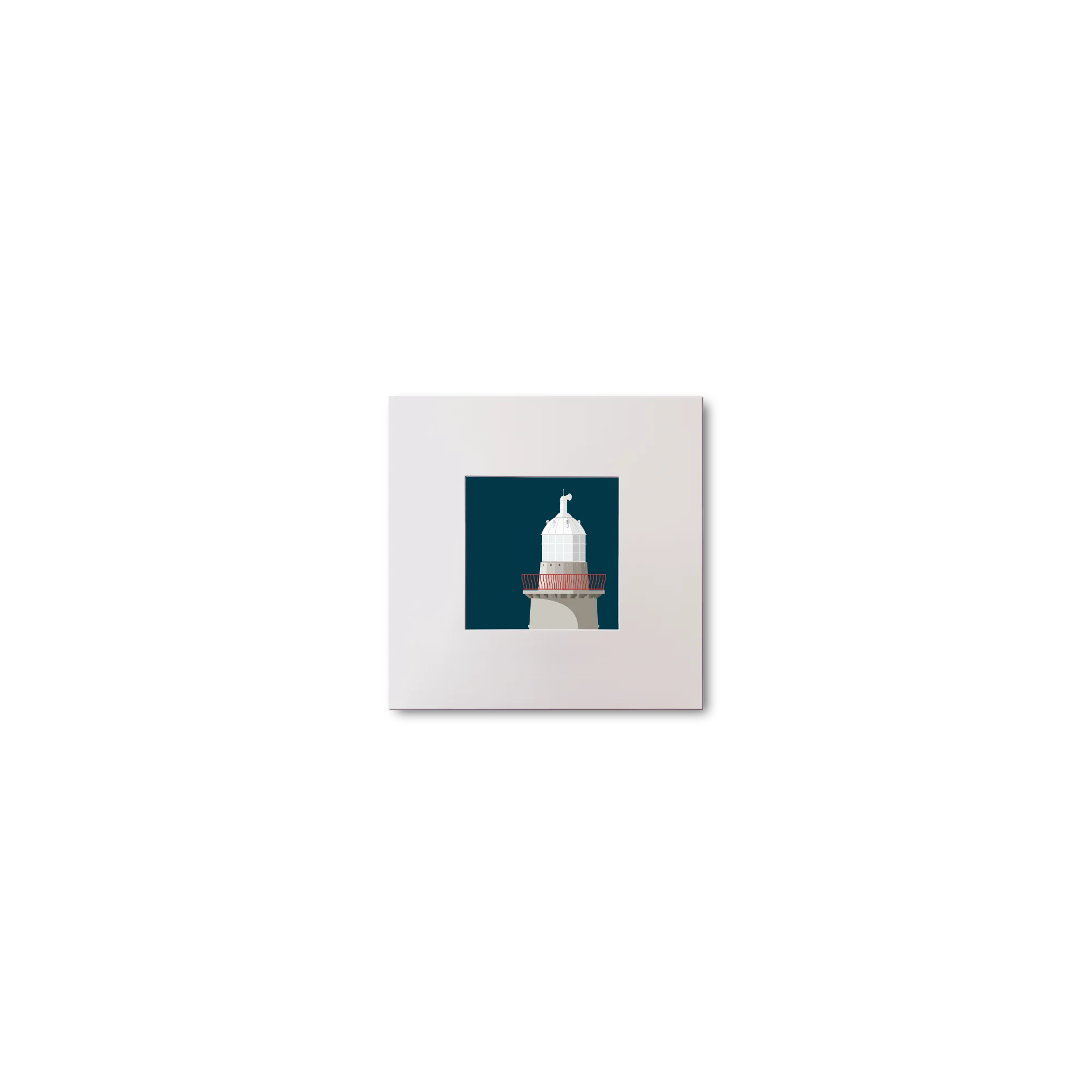 Illustration of Oyster Island lighthouse on a midnight blue background, mounted and measuring 10x10cm.