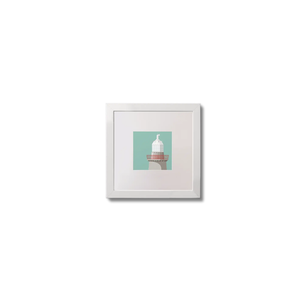 Illustration of Oyster Island lighthouse on an ocean green background,  in a white square frame measuring 10x10cm.