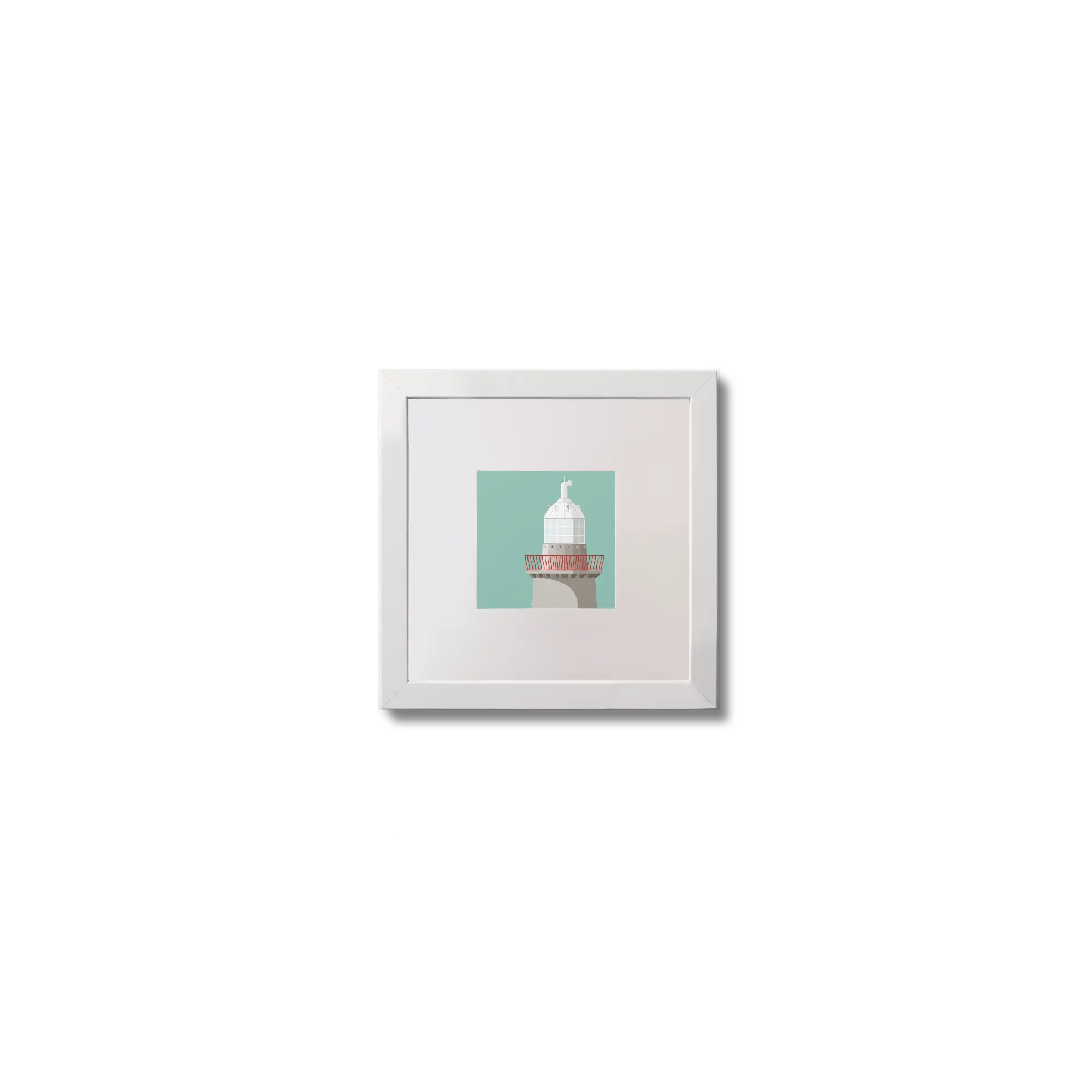 Illustration of Oyster Island lighthouse on an ocean green background,  in a white square frame measuring 10x10cm.