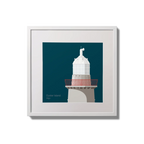 Illustration of Oyster Island lighthouse on a midnight blue background,  in a white square frame measuring 20x20cm.