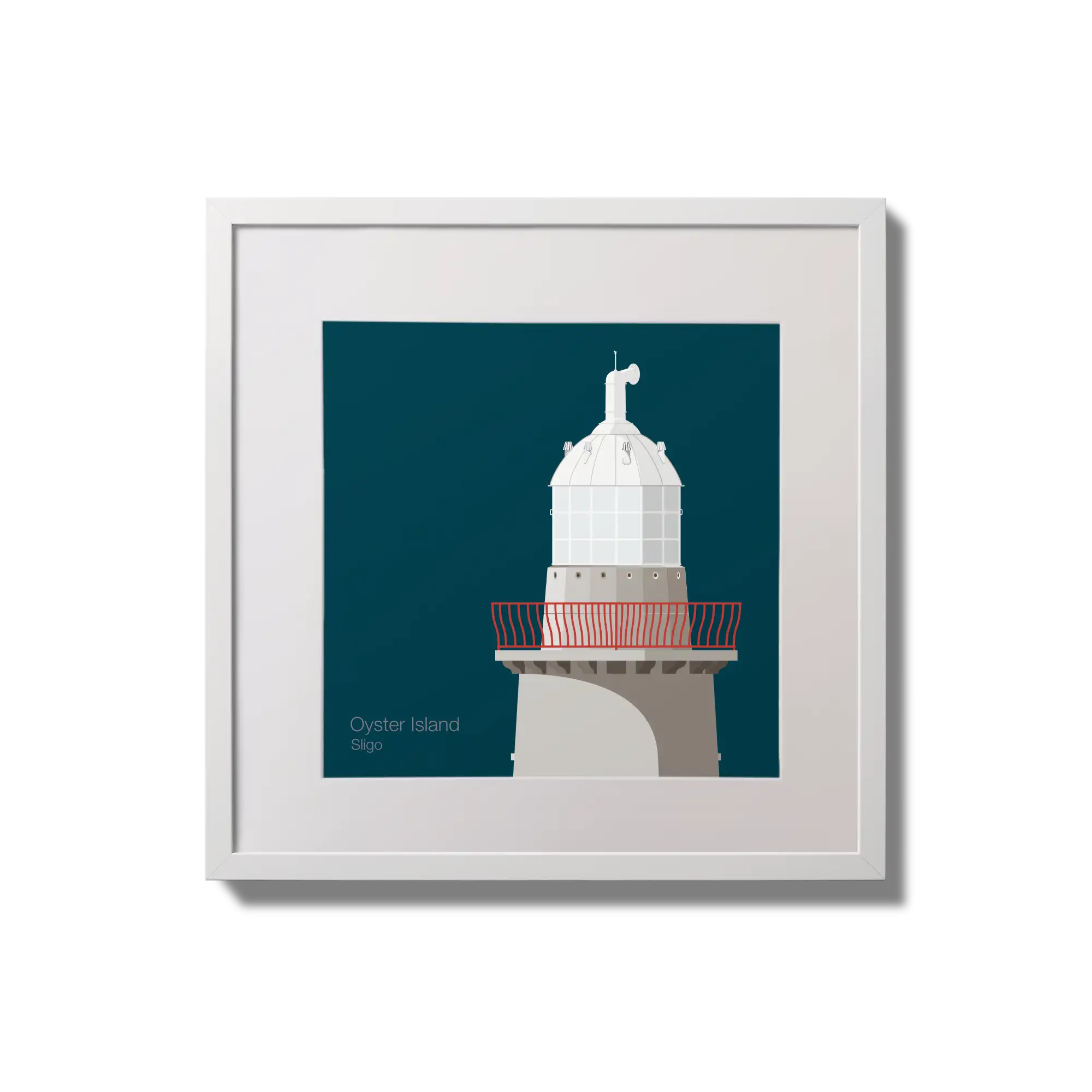 Illustration of Oyster Island lighthouse on a midnight blue background,  in a white square frame measuring 20x20cm.