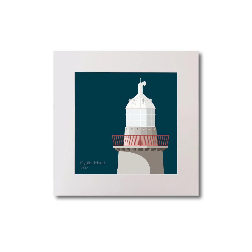 Illustration of Oyster Island lighthouse on a midnight blue background, mounted and measuring 20x20cm.