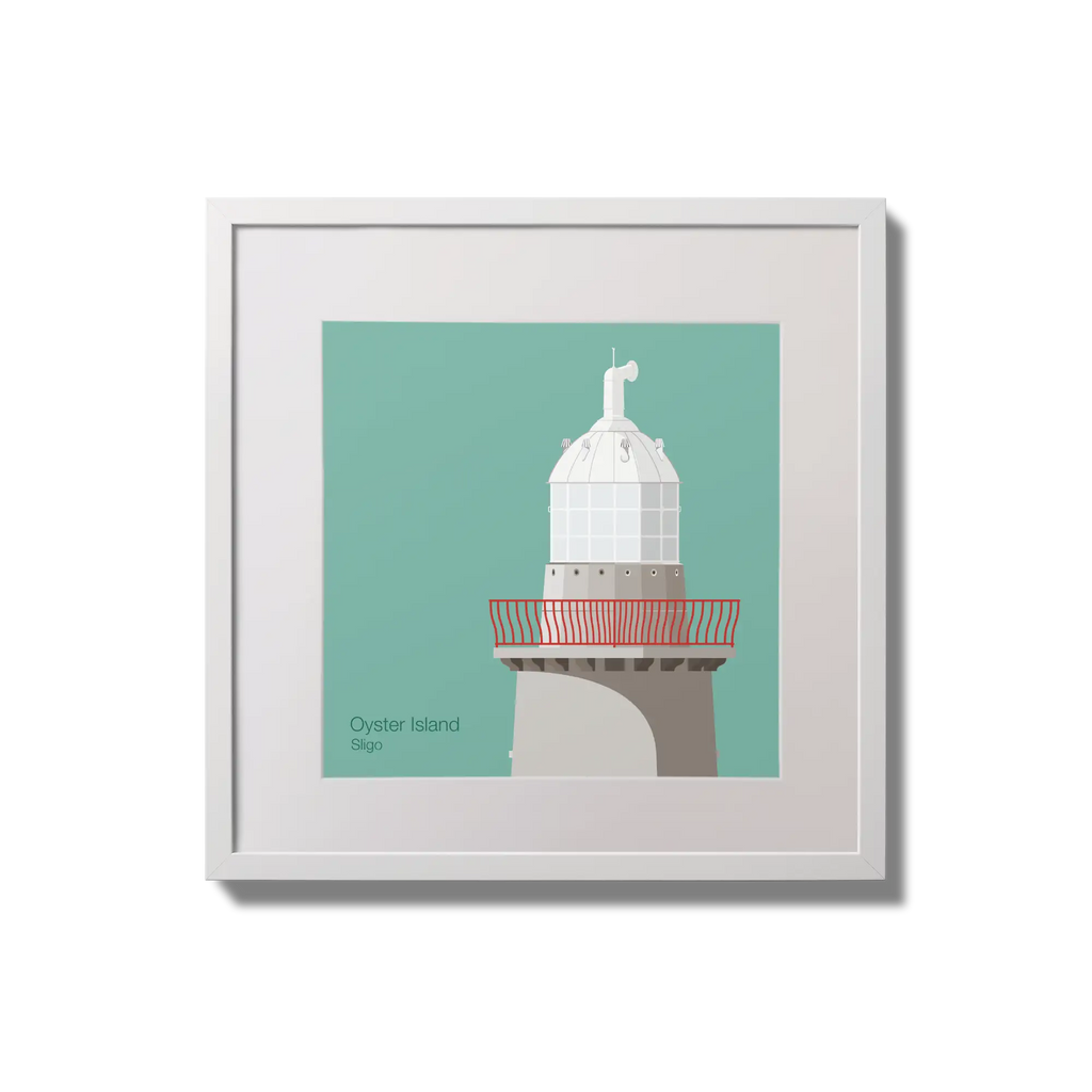 Illustration of Oyster Island lighthouse on an ocean green background,  in a white square frame measuring 20x20cm.