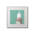 Illustration of Oyster Island lighthouse on an ocean green background,  in a white square frame measuring 20x20cm.