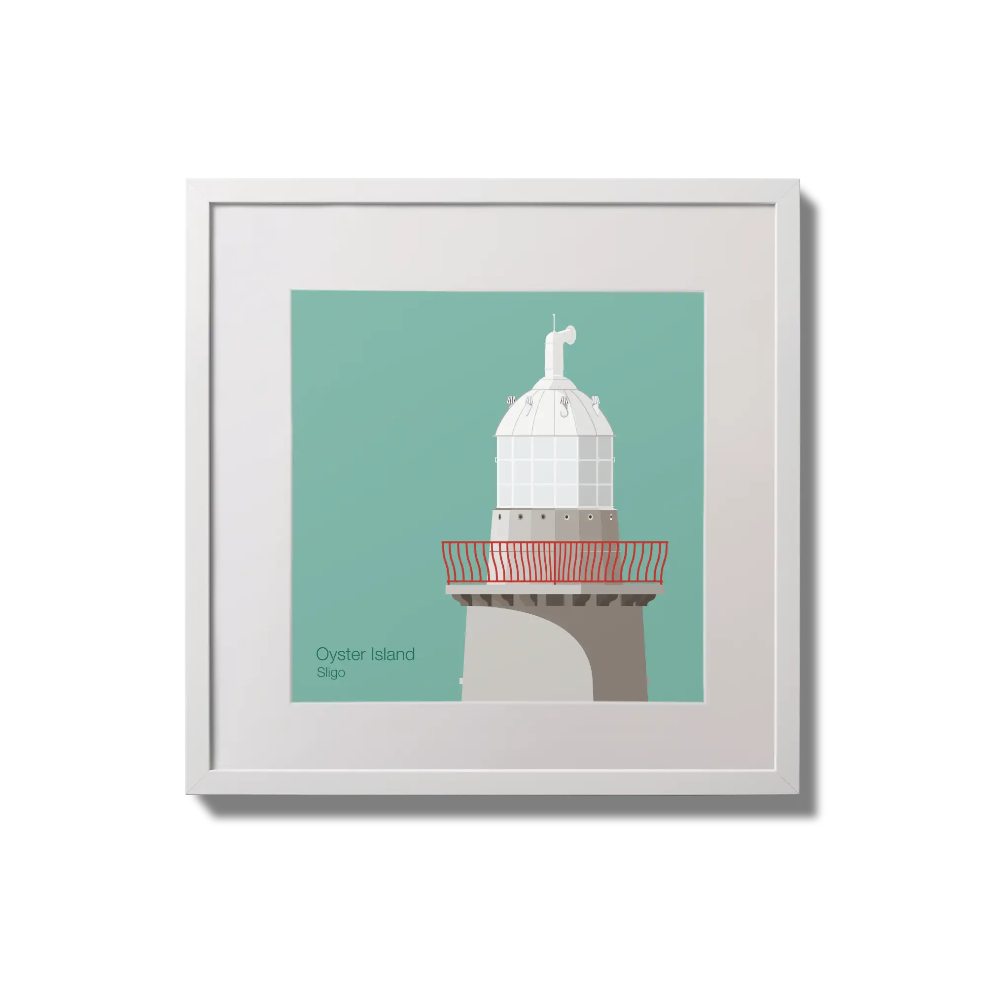 Illustration of Oyster Island lighthouse on an ocean green background,  in a white square frame measuring 20x20cm.