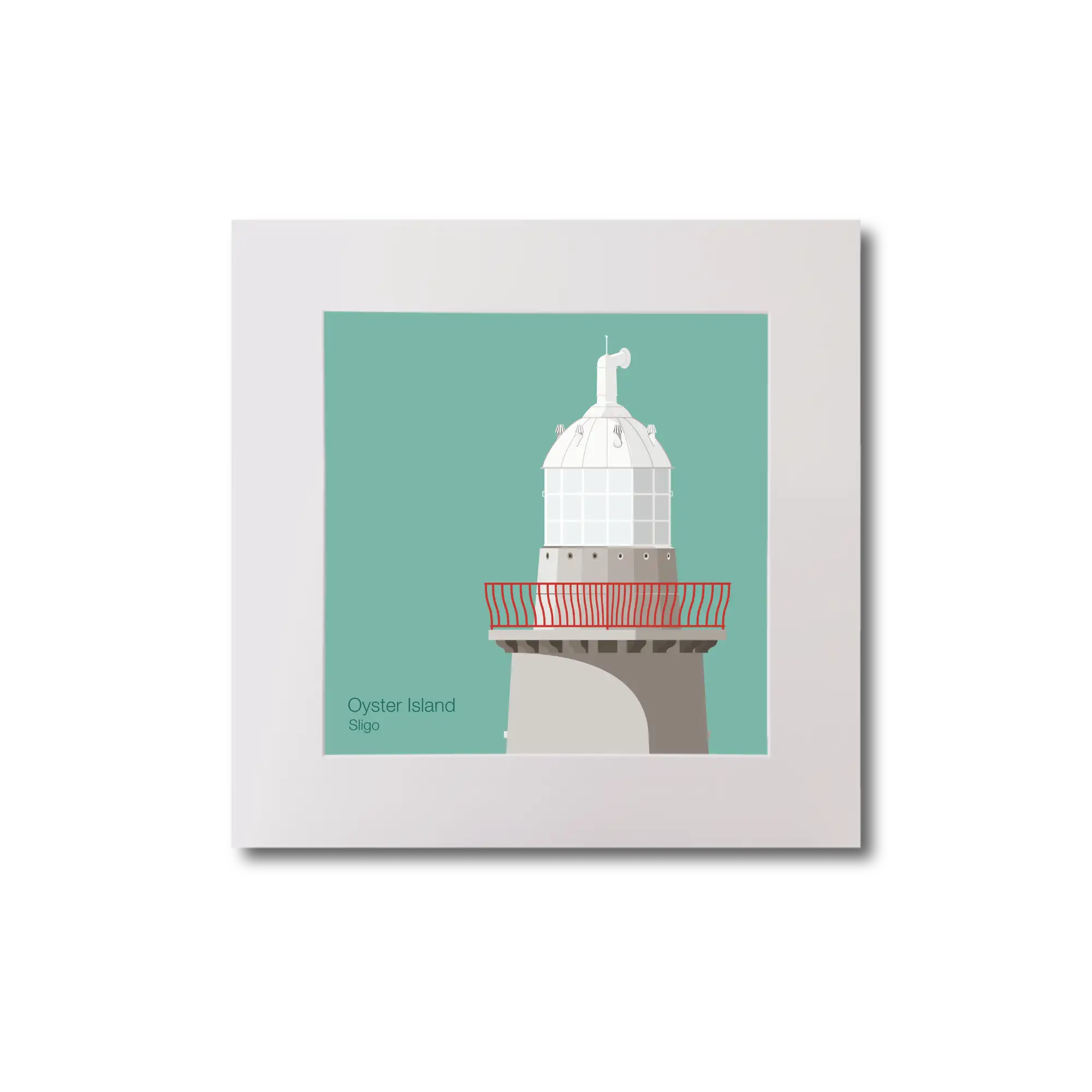 Illustration of Oyster Island lighthouse on an ocean green background, mounted and measuring 20x20cm.