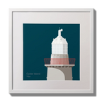 Illustration of Oyster Island lighthouse on a midnight blue background,  in a white square frame measuring 30x30cm.