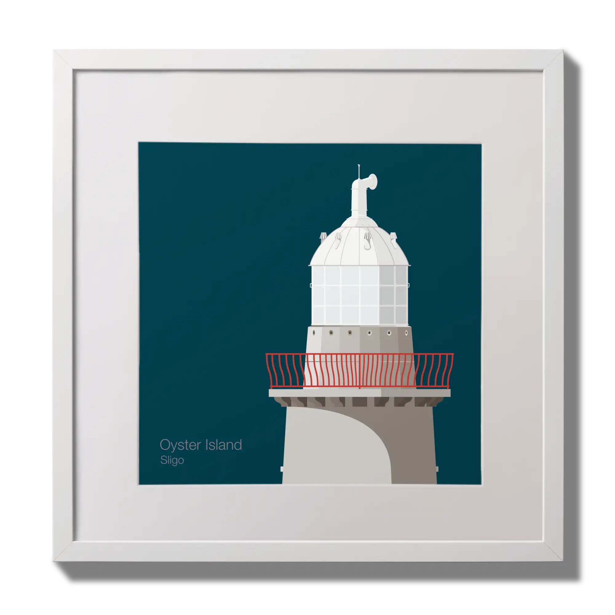 Illustration of Oyster Island lighthouse on a midnight blue background,  in a white square frame measuring 30x30cm.