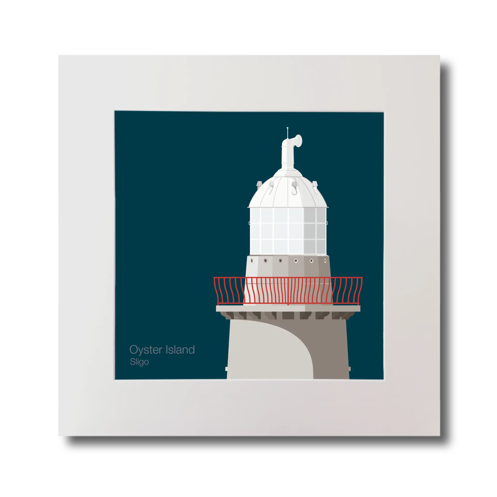 Illustration of Oyster Island lighthouse on a midnight blue background, mounted and measuring 30x30cm.