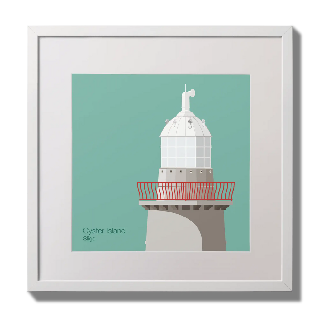 Illustration of Oyster Island lighthouse on an ocean green background,  in a white square frame measuring 30x30cm.