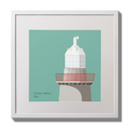 Illustration of Oyster Island lighthouse on an ocean green background,  in a white square frame measuring 30x30cm.