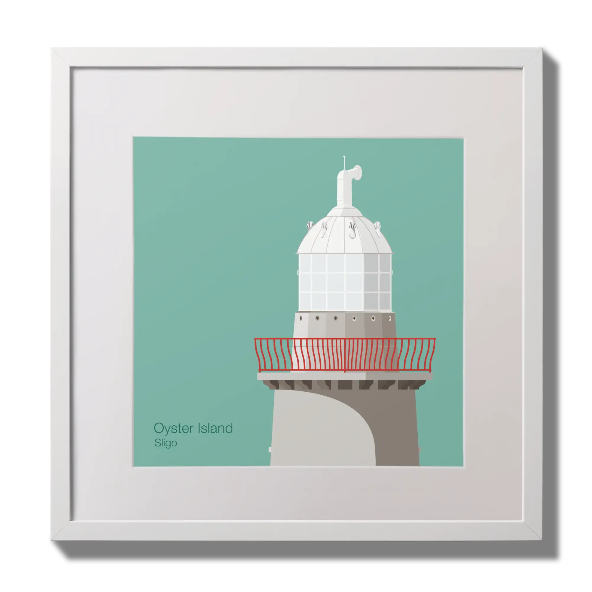 Illustration of Oyster Island lighthouse on an ocean green background,  in a white square frame measuring 30x30cm.