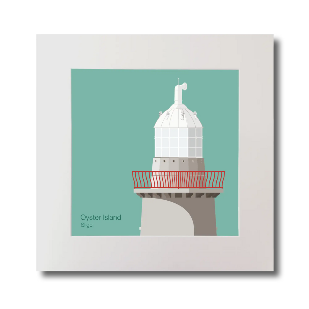Illustration of Oyster Island lighthouse on an ocean green background, mounted and measuring 30x30cm.