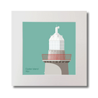 Illustration of Oyster Island lighthouse on an ocean green background, mounted and measuring 30x30cm.