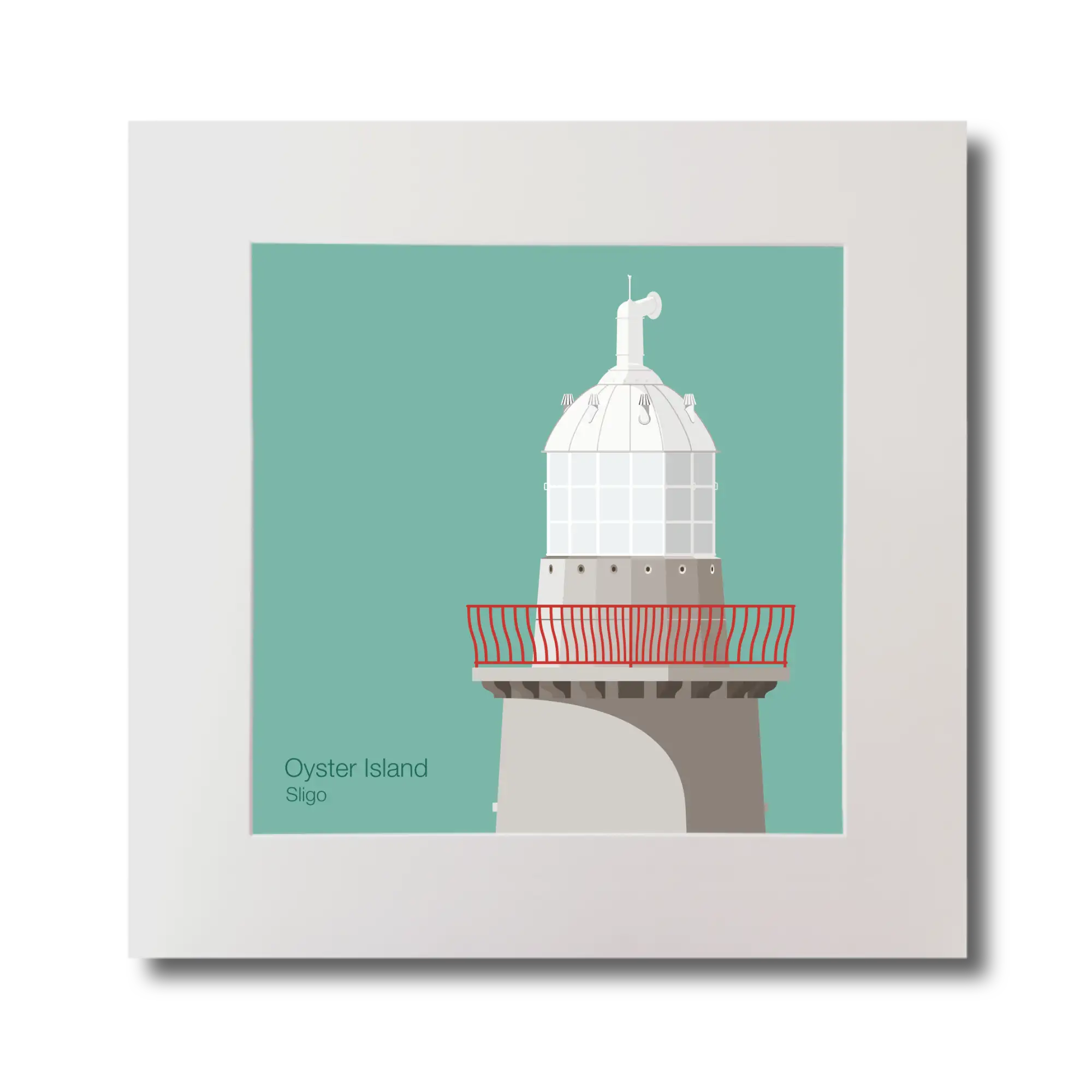 Illustration of Oyster Island lighthouse on an ocean green background, mounted and measuring 30x30cm.