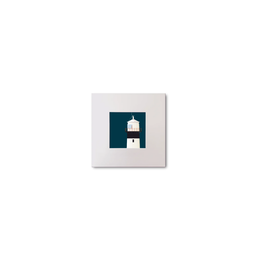 Illustration of inishowen lighthouse on a midnight blue background, mounted and measuring 10x10cm.