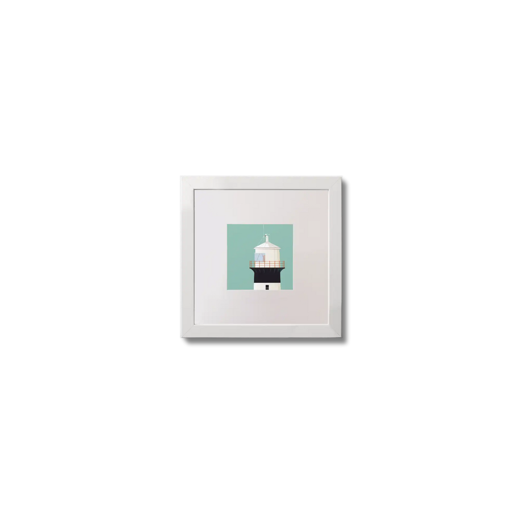 Illustration of inishowen lighthouse on an ocean green background,  in a white square frame measuring 10x10cm.