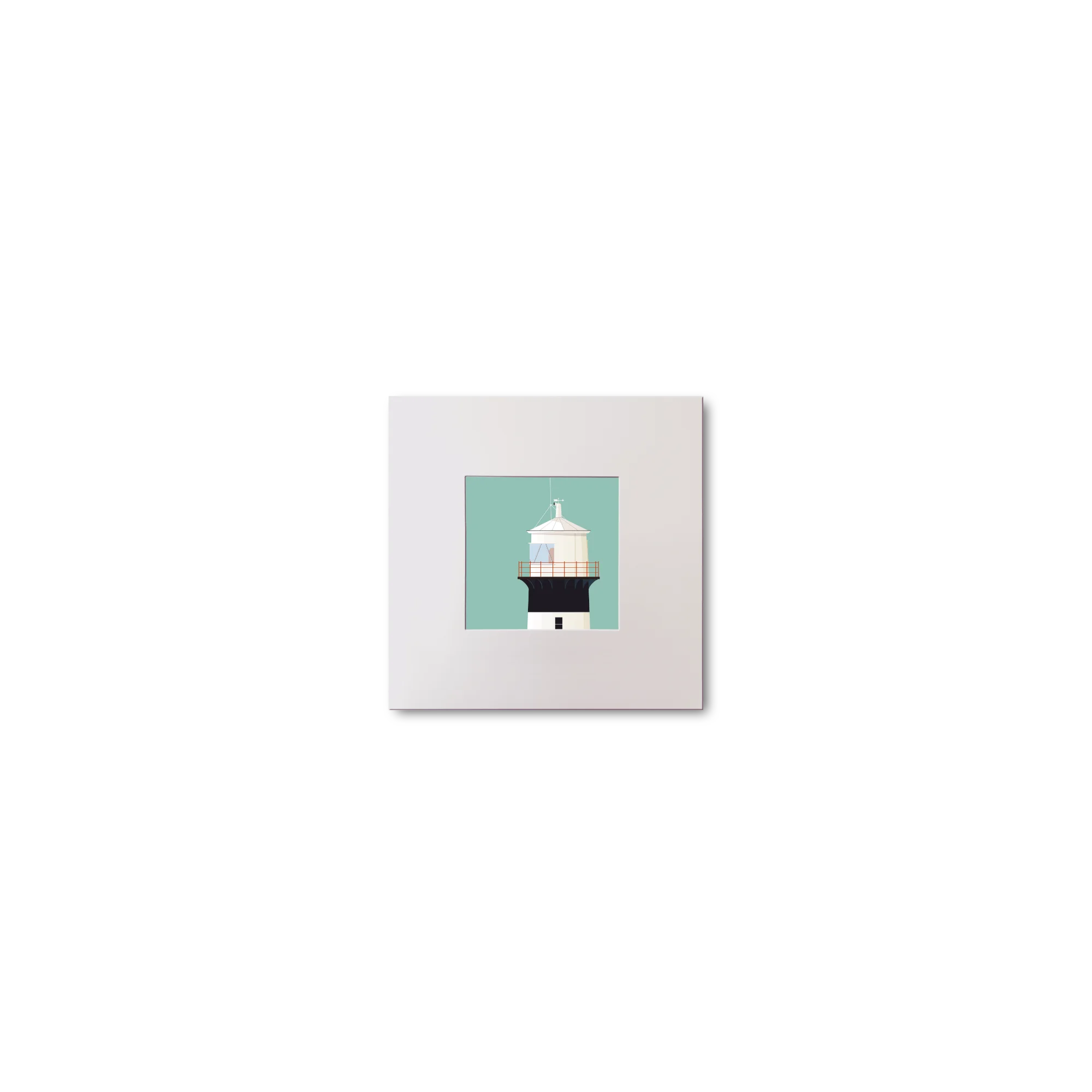 Illustration of inishowen lighthouse on an ocean green background, mounted and measuring 10x10cm.