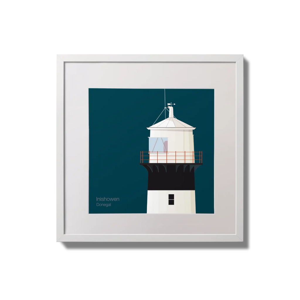 Illustration of inishowen lighthouse on a midnight blue background,  in a white square frame measuring 20x20cm.