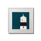 Illustration of inishowen lighthouse on a midnight blue background,  in a white square frame measuring 20x20cm.