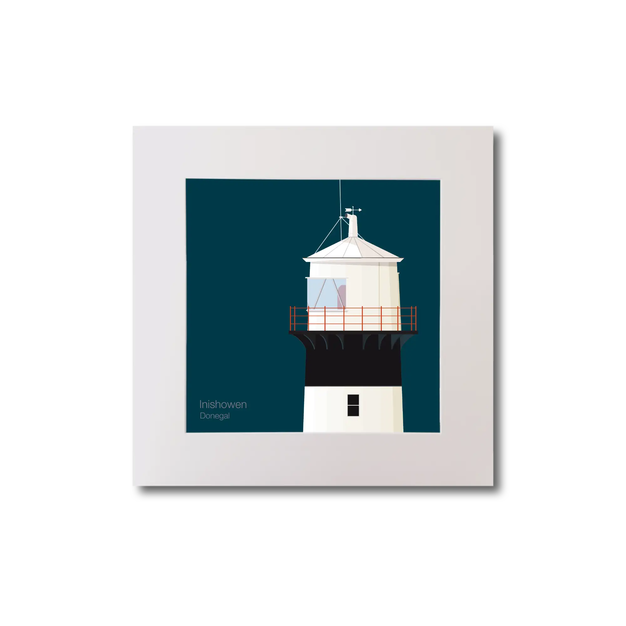 Illustration of inishowen lighthouse on a midnight blue background, mounted and measuring 20x20cm.
