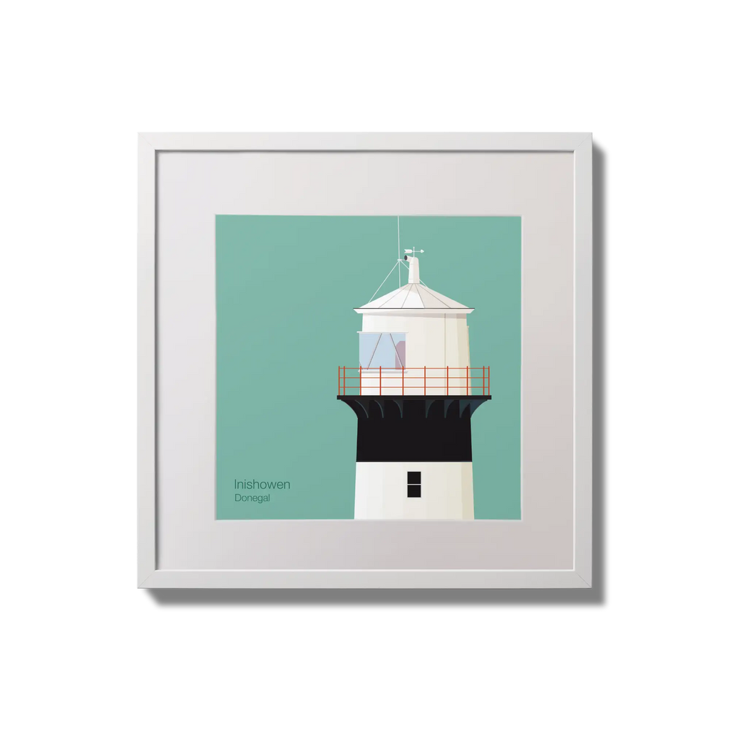Illustration of inishowen lighthouse on an ocean green background,  in a white square frame measuring 20x20cm.