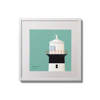 Illustration of inishowen lighthouse on an ocean green background,  in a white square frame measuring 20x20cm.